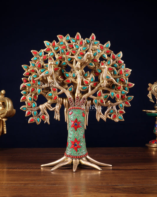 Exquisite Brass Kalpavriksha Tree of Life Showpiece - Table Standing | Height 12" with stonework - Budhshiv.com