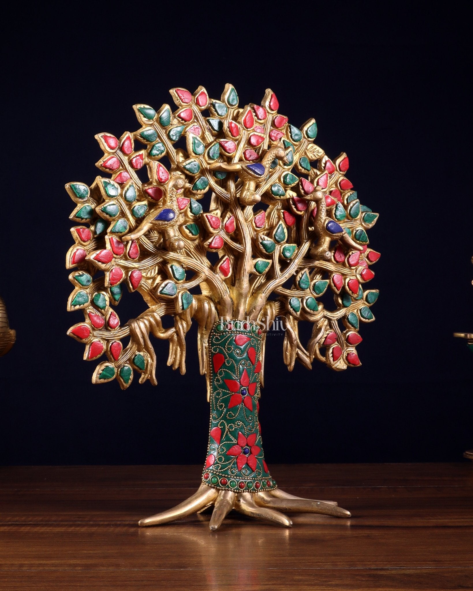 Exquisite Brass Kalpavriksha Tree of Life Showpiece - Table Standing | Height 12" with stonework - Budhshiv.com