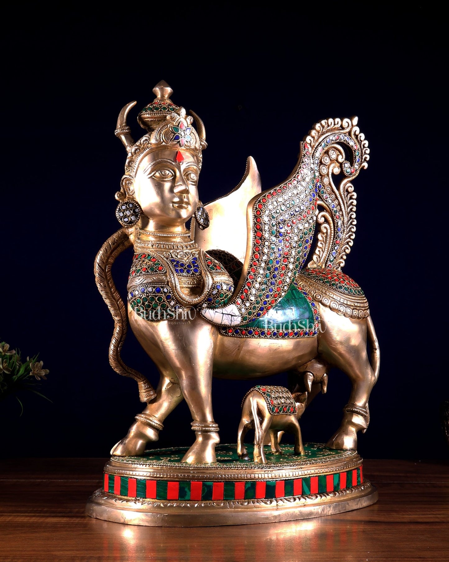Exquisite Brass Kamdhenu Cow with calf Statue | 16.5" meenakari Stonework - Budhshiv.com