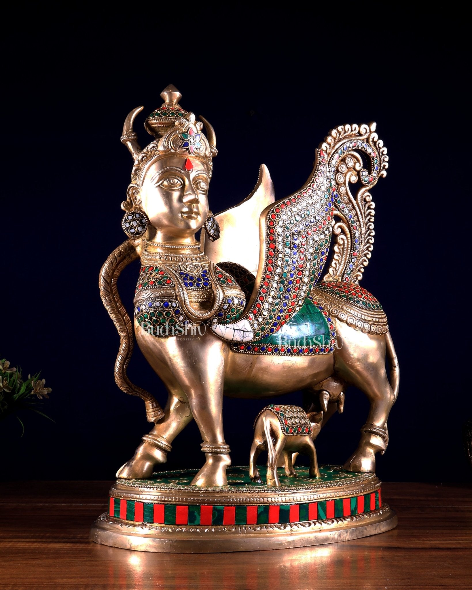 Exquisite Brass Kamdhenu Cow with calf Statue | 16.5" meenakari Stonework - Budhshiv.com