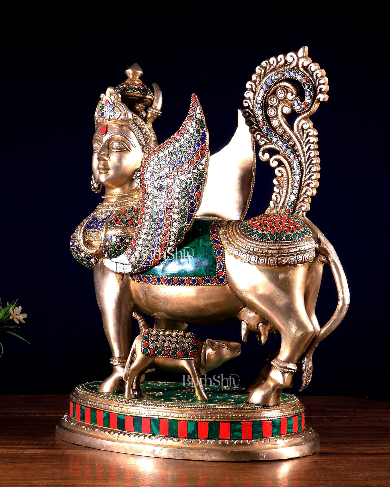 Exquisite Brass Kamdhenu Cow with calf Statue | 16.5" meenakari Stonework - Budhshiv.com