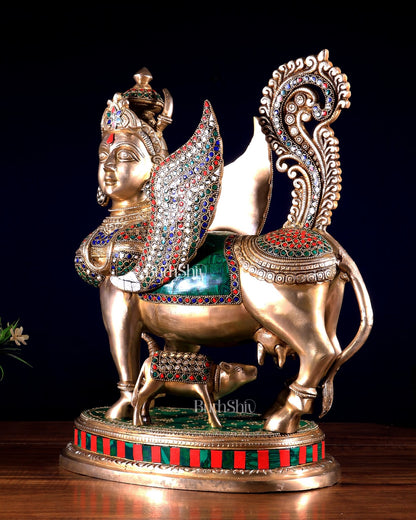 Exquisite Brass Kamdhenu Cow with calf Statue | 16.5" meenakari Stonework - Budhshiv.com