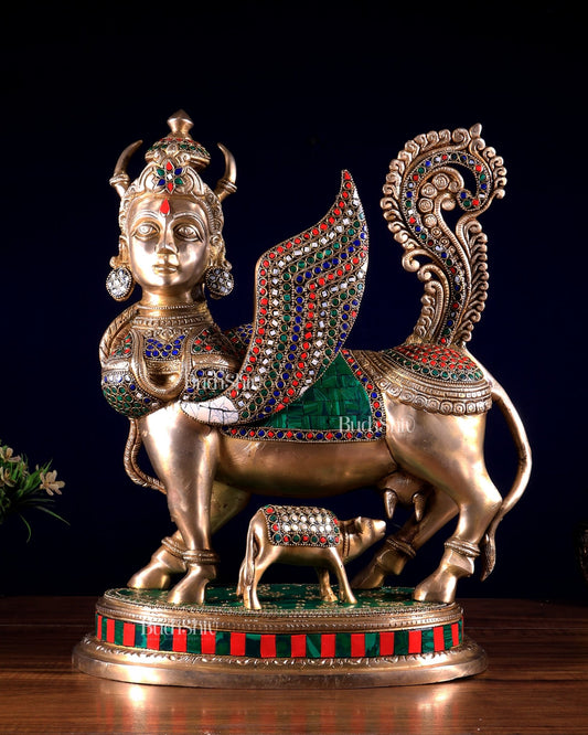 Exquisite Brass Kamdhenu Cow with calf Statue | 16.5" meenakari Stonework - Budhshiv.com