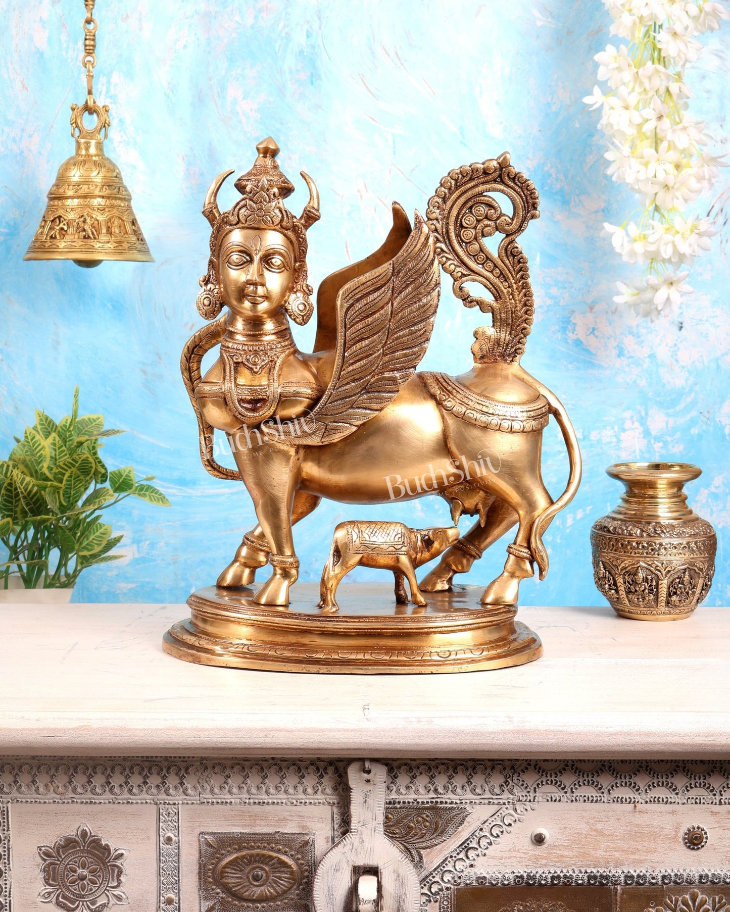 Exquisite Brass Kamdhenu Cow with calf Statue | 16.5" - Budhshiv.com