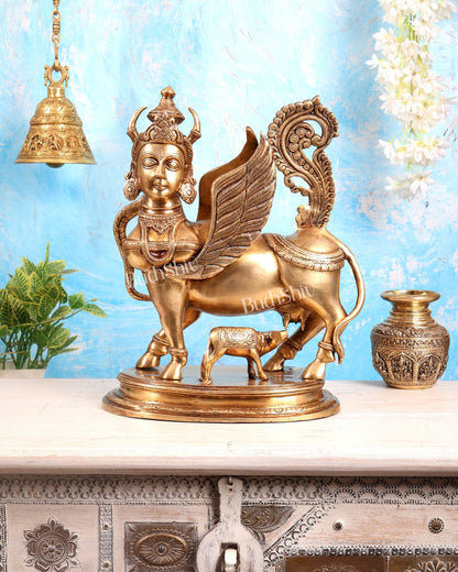 Exquisite Brass Kamdhenu Cow with calf Statue | 16.5" - Budhshiv.com