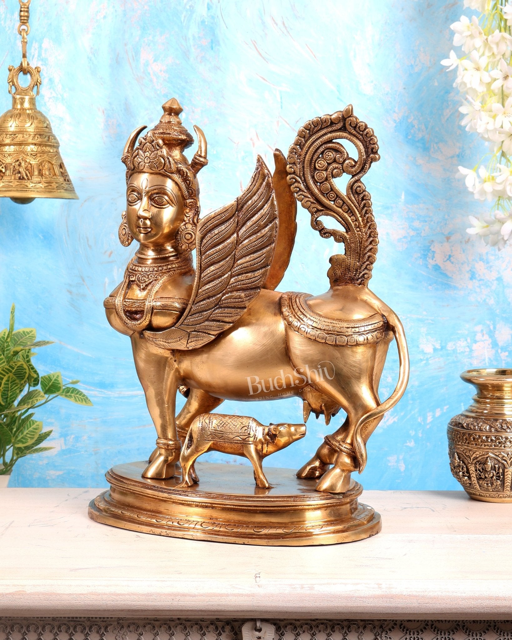 Exquisite Brass Kamdhenu Cow with calf Statue | 16.5" - Budhshiv.com