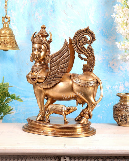 Exquisite Brass Kamdhenu Cow with calf Statue | 16.5" - Budhshiv.com