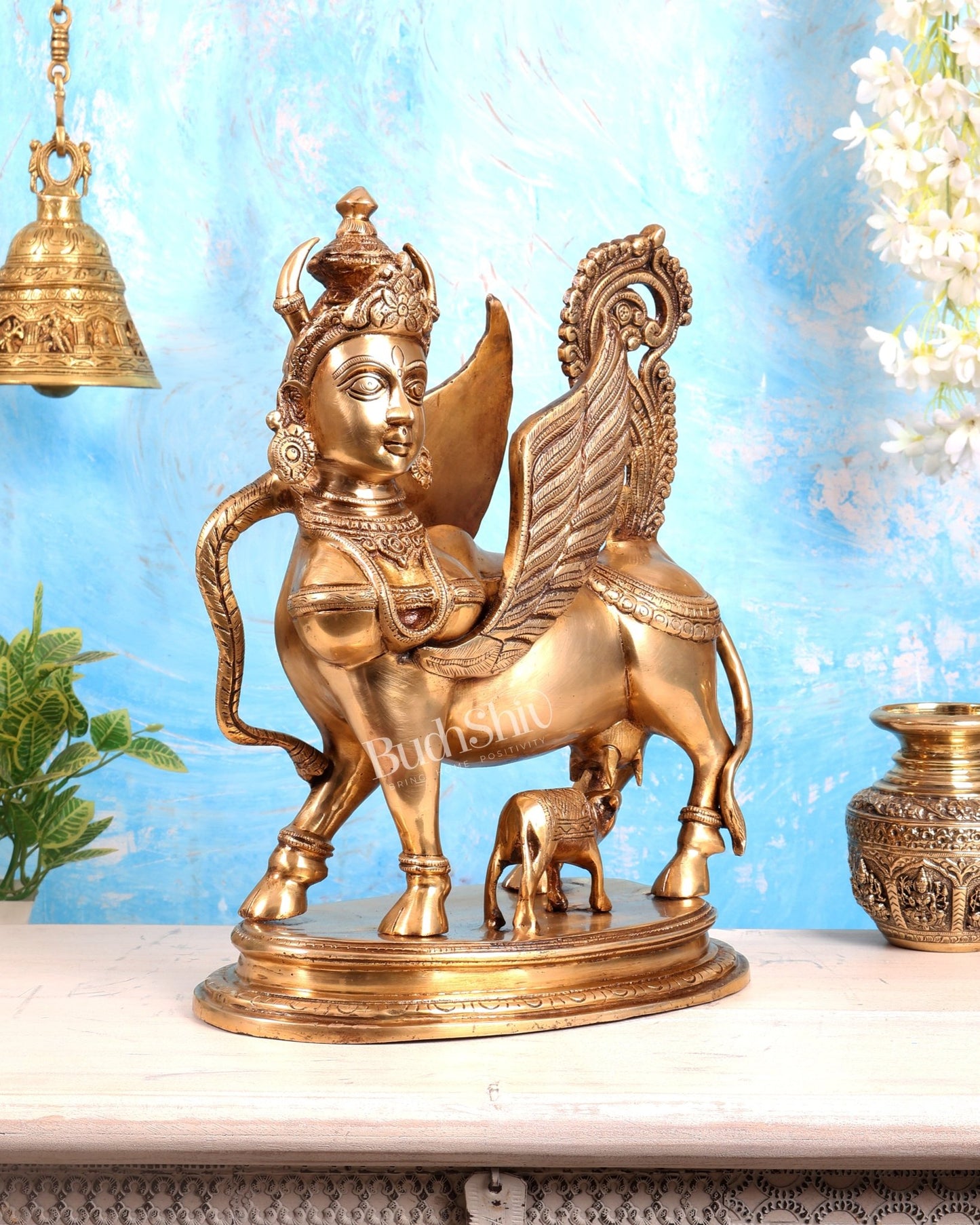 Exquisite Brass Kamdhenu Cow with calf Statue | 16.5" - Budhshiv.com