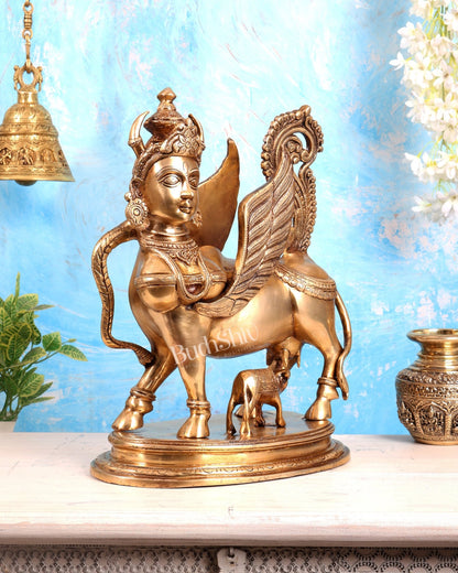 Exquisite Brass Kamdhenu Cow with calf Statue | 16.5" - Budhshiv.com