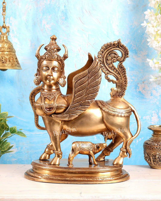 Exquisite Brass Kamdhenu Cow with calf Statue | 16.5" - Budhshiv.com