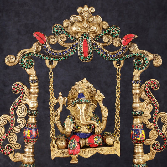 Exquisite Brass Kirtimukha Ganesha on a Swing with Stonework, 20" Height - Budhshiv.com