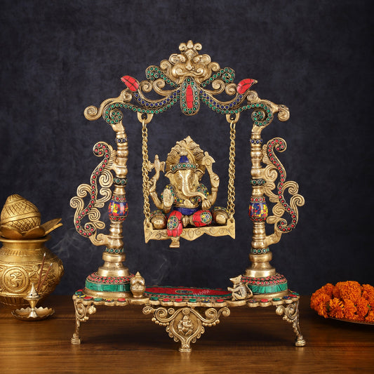 Exquisite Brass Kirtimukha Ganesha on a Swing with Stonework, 20" Height - Budhshiv.com
