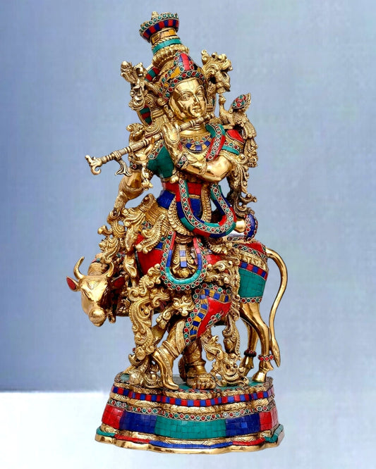 Exquisite Brass Krishna with Cow Idol - Meenakari Ring and Stonework, 26.5" Tall, 26kg - Budhshiv.com