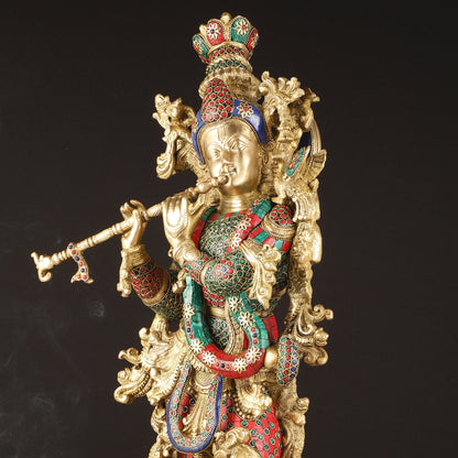 Exquisite Brass Lord Krishna Murti with Meenakari | 29" - Budhshiv.com
