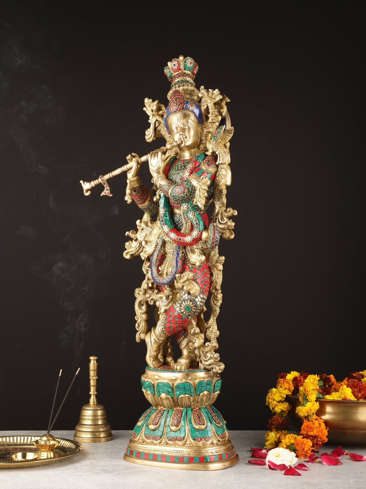 Exquisite Brass Lord Krishna Murti with Meenakari | 29" - Budhshiv.com