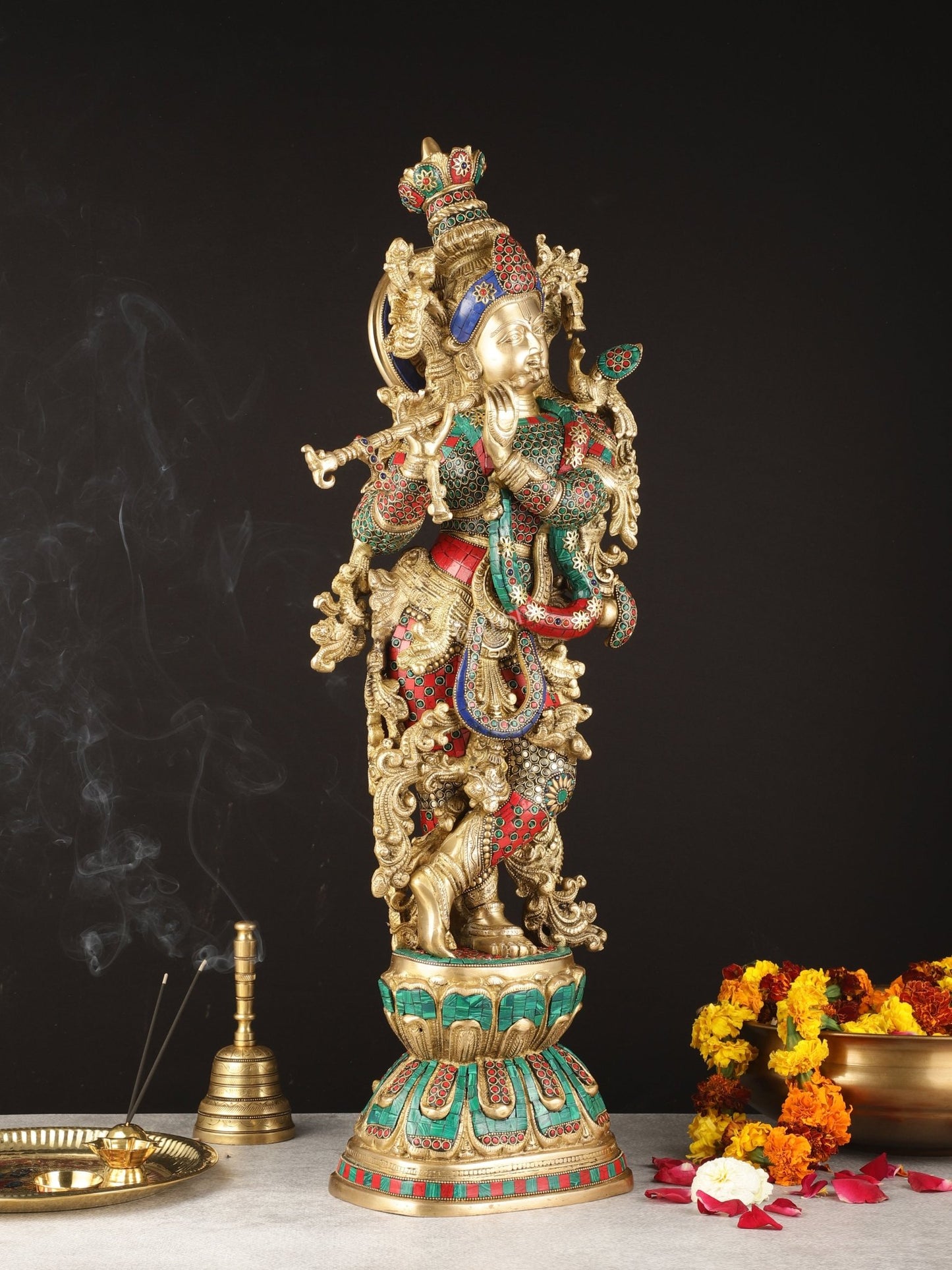 Exquisite Brass Lord Krishna Murti with Meenakari | 29" - Budhshiv.com