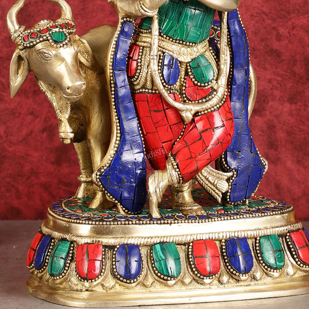 Exquisite Brass Lord Krishna Statue with cow idol 9" - Budhshiv.com