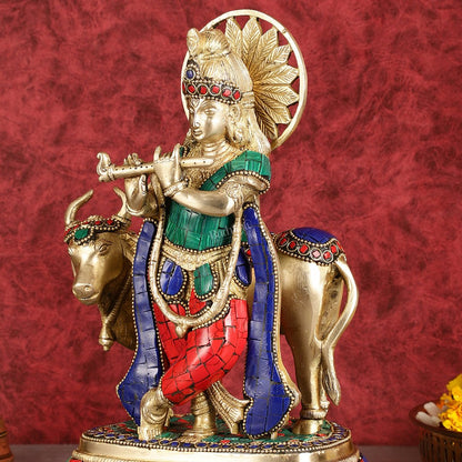Exquisite Brass Lord Krishna Statue with cow idol 9" - Budhshiv.com