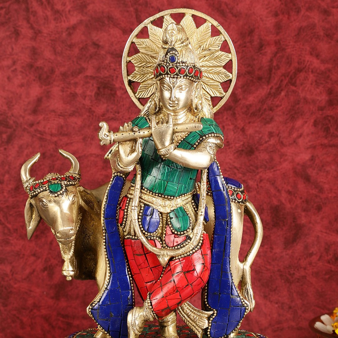 Exquisite Brass Lord Krishna Statue with cow idol 9" - Budhshiv.com