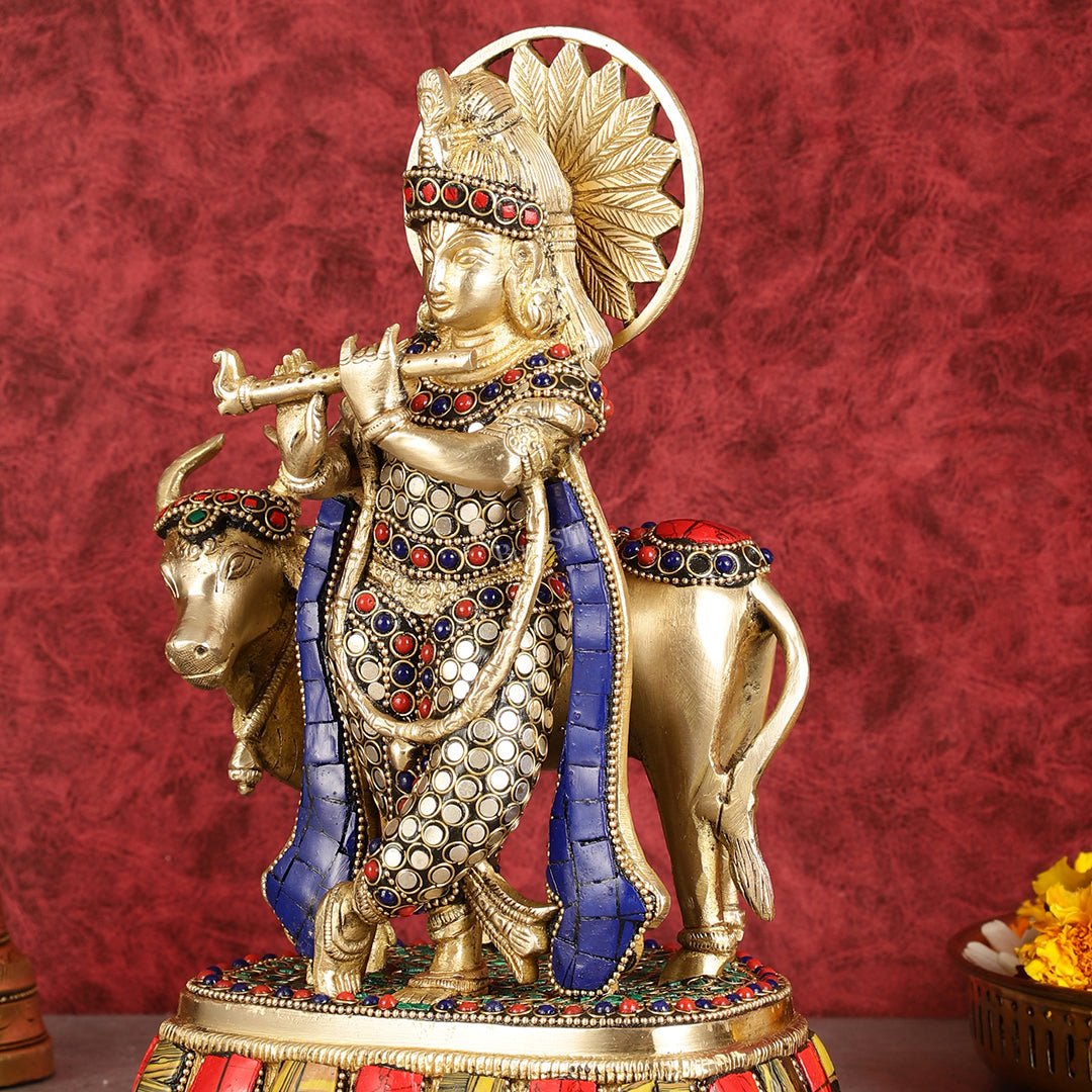 Exquisite Brass Lord Krishna Statue with cow idol 9" - Budhshiv.com