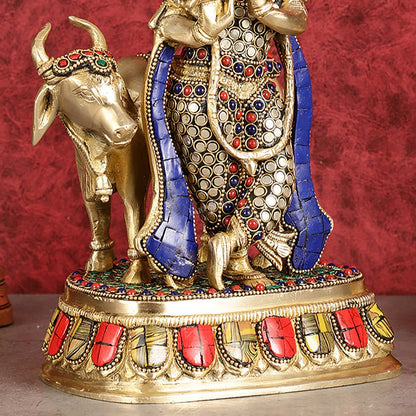 Exquisite Brass Lord Krishna Statue with cow idol 9" - Budhshiv.com