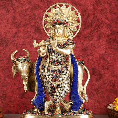 Exquisite Brass Lord Krishna Statue with cow idol 9" - Budhshiv.com