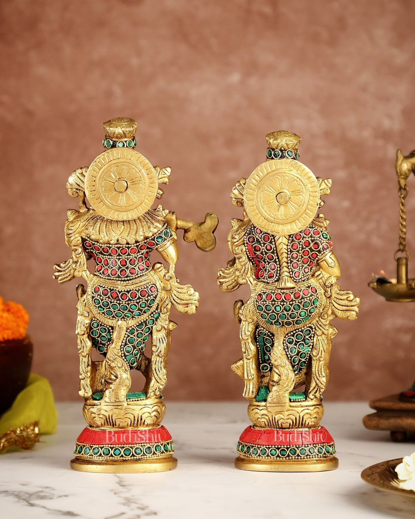 Exquisite Brass Radha Krishna Idol Pair with Stonework 9 inch - Budhshiv.com
