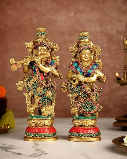 Exquisite Brass Radha Krishna Idol Pair with Stonework 9 inch - Budhshiv.com