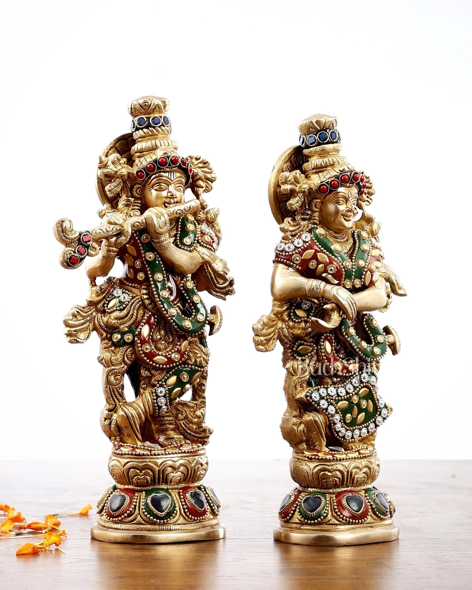 Exquisite Brass Radha Krishna Idol Pair with Stonework 9 inch - Budhshiv.com