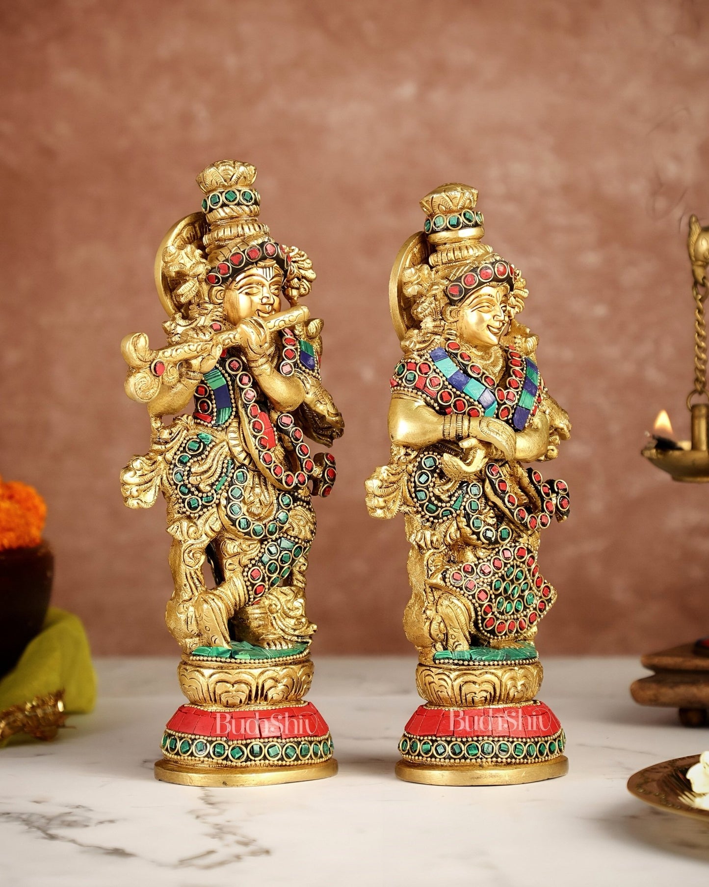 Exquisite Brass Radha Krishna Idol Pair with Stonework 9 inch - Budhshiv.com
