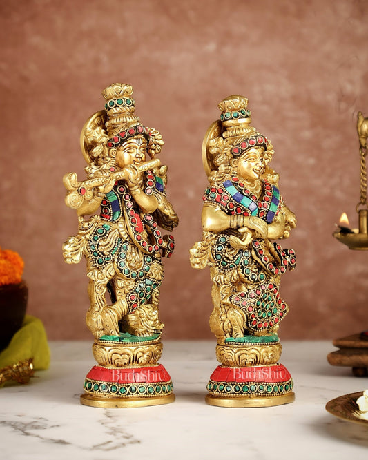Exquisite Brass Radha Krishna Idol Pair with Stonework 9 inch - Budhshiv.com