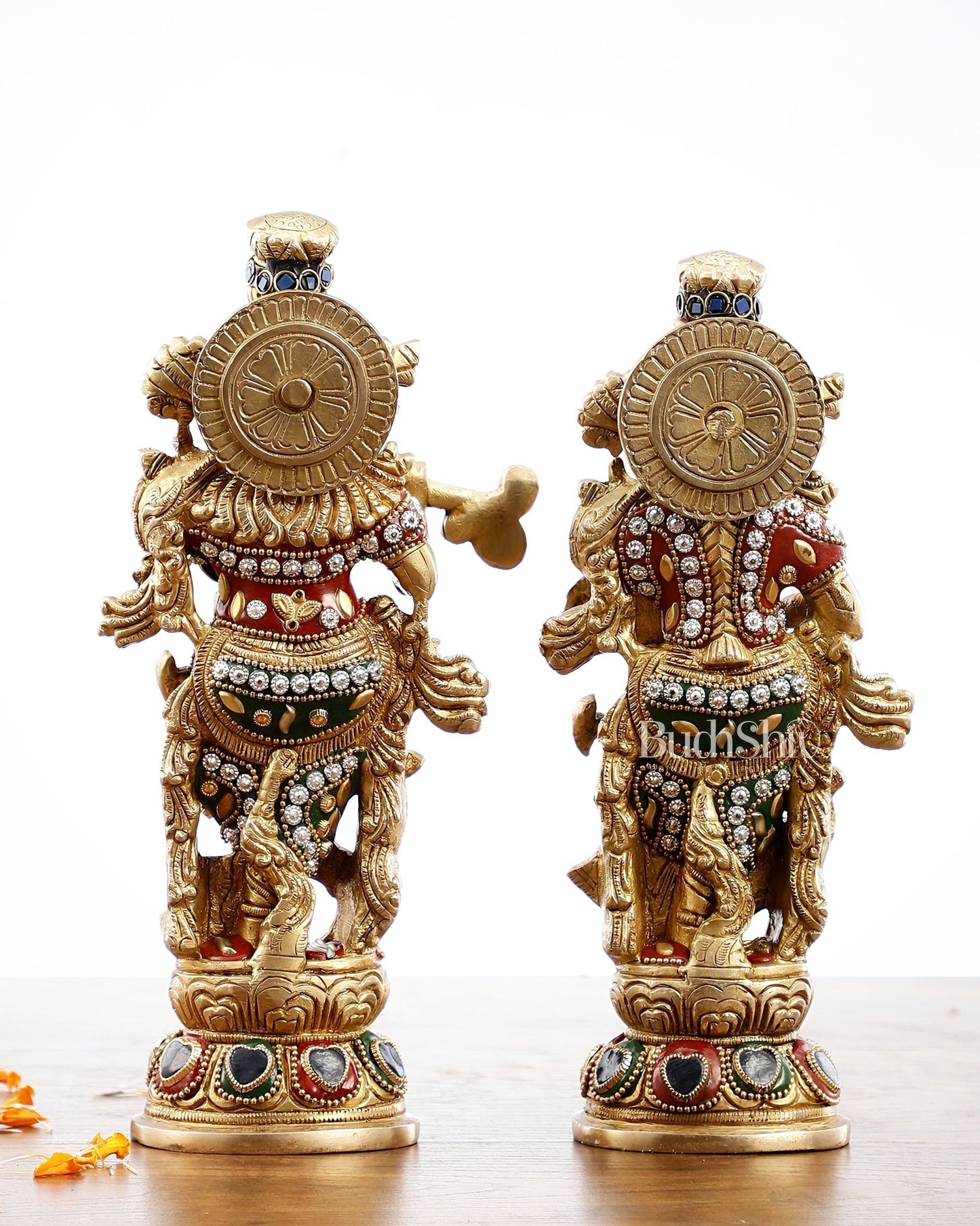 Exquisite Brass Radha Krishna Idol Pair with Stonework 9 inch - Budhshiv.com