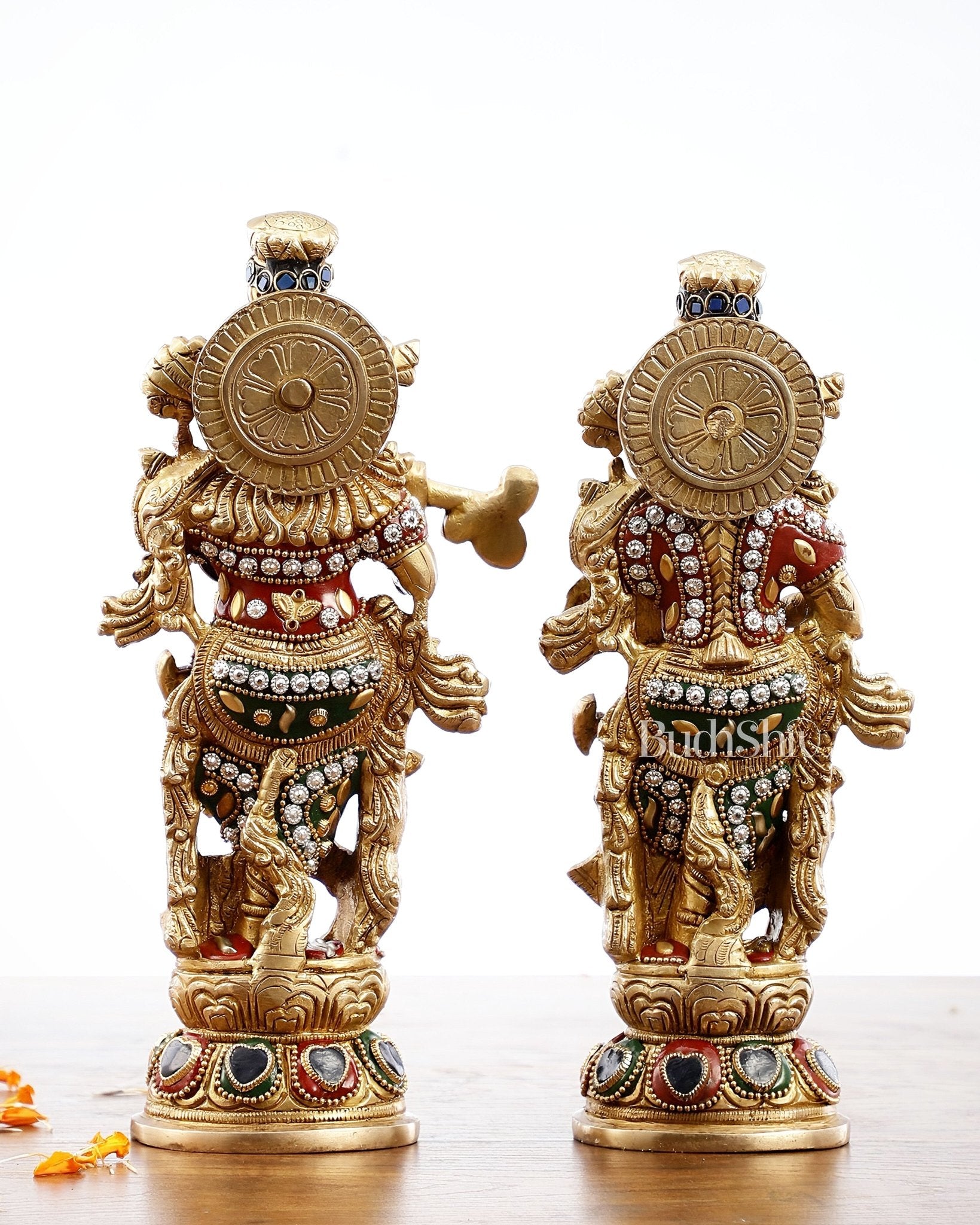 Exquisite Brass Radha Krishna Idol Pair with Stonework 9 inch - Budhshiv.com
