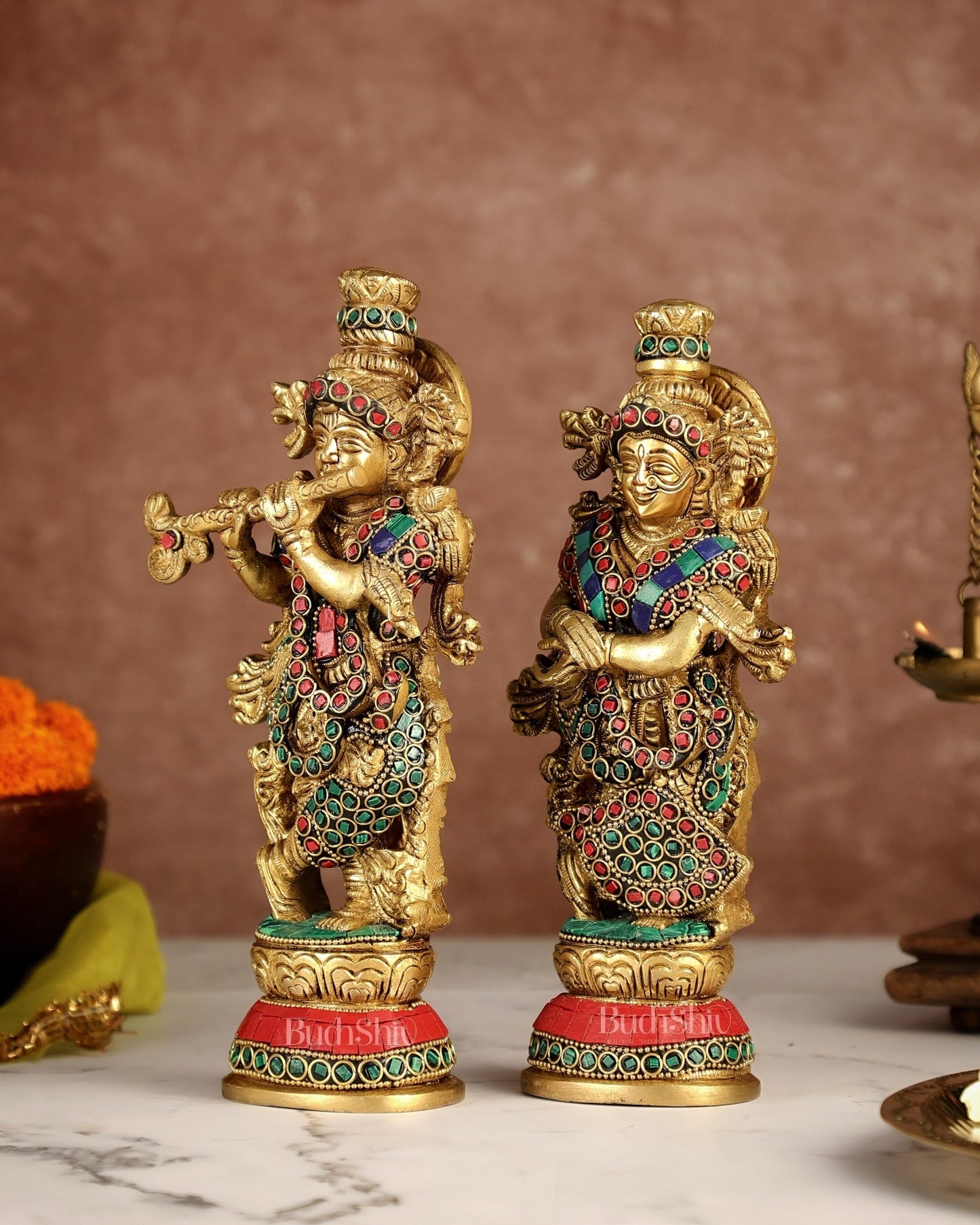 Exquisite Brass Radha Krishna Idol Pair with Stonework 9 inch - Budhshiv.com