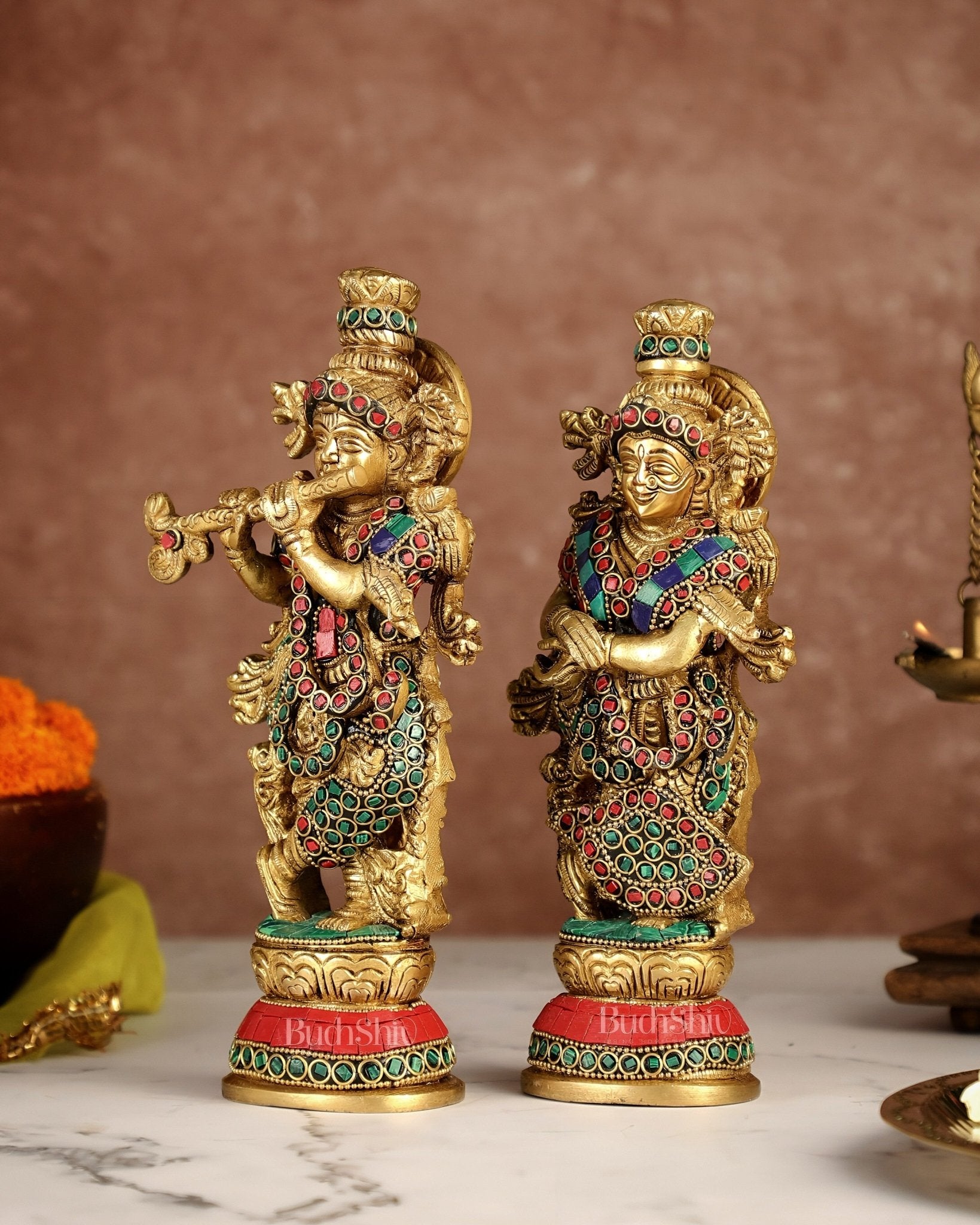 Exquisite Brass Radha Krishna Idol Pair with Stonework 9 inch - Budhshiv.com