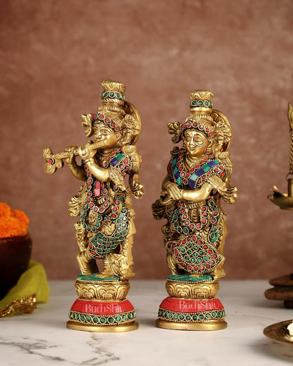 Exquisite Brass Radha Krishna Idol Pair with Stonework 9 inch - Budhshiv.com