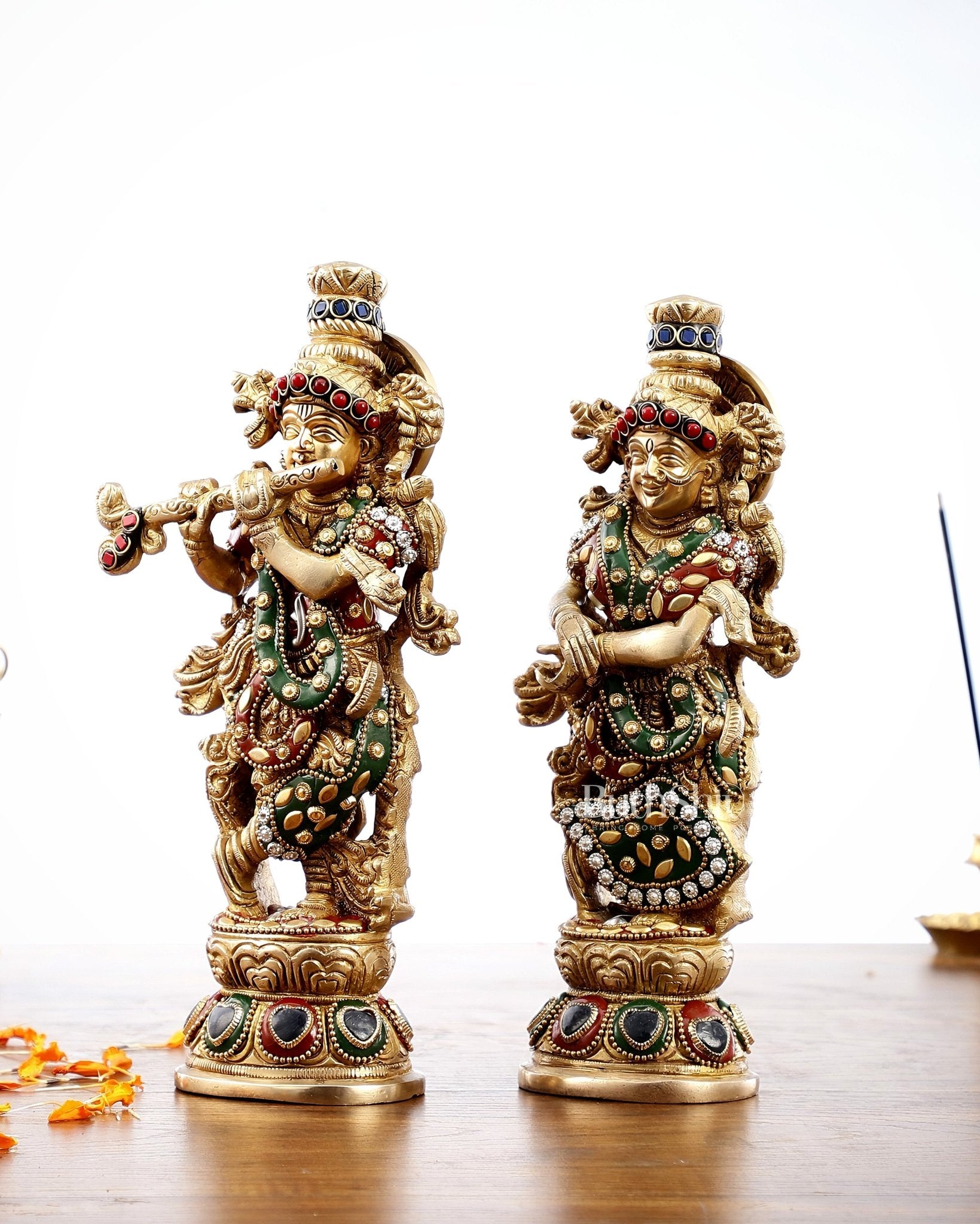 Exquisite Brass Radha Krishna Idol Pair with Stonework 9 inch - Budhshiv.com