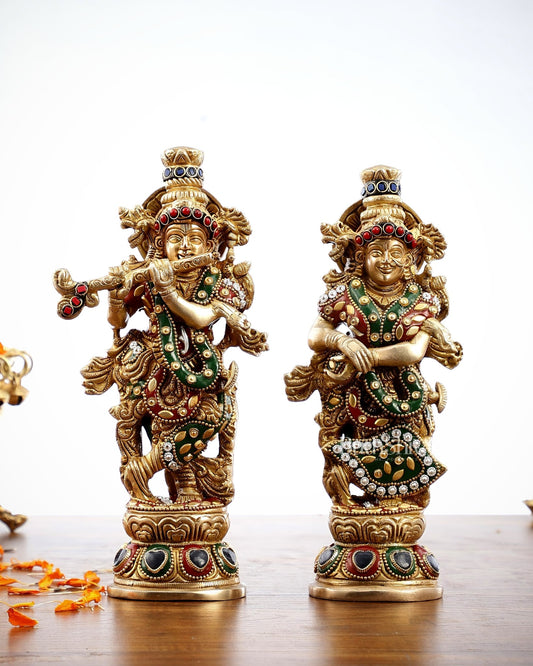 Exquisite Brass Radha Krishna Idol Pair with Stonework 9 inch - Budhshiv.com