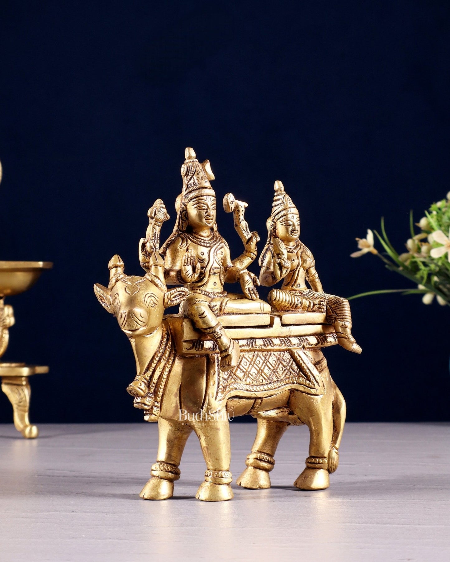 Exquisite Brass Shiva Parvati Seated on Nandi Statue - 6" Pradosh Idol - Budhshiv.com