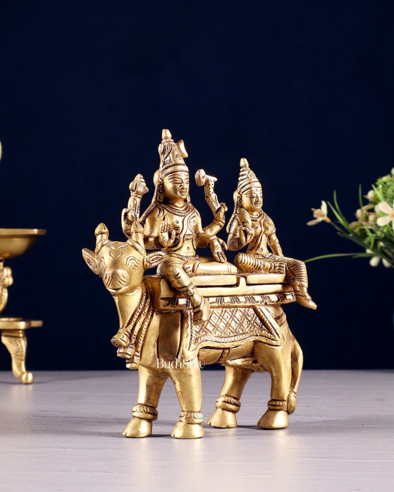 Exquisite Brass Shiva Parvati Seated on Nandi Statue - 6" Pradosh Idol - Budhshiv.com