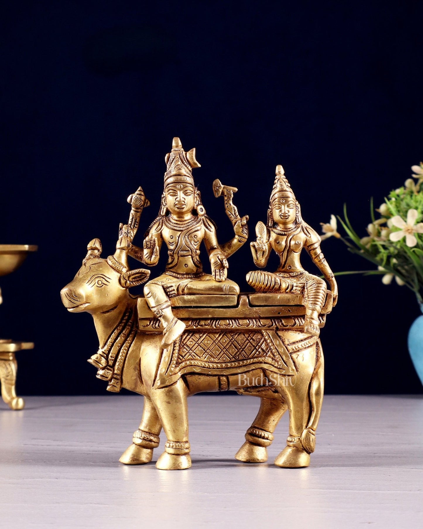 Exquisite Brass Shiva Parvati Seated on Nandi Statue - 6" Pradosh Idol - Budhshiv.com