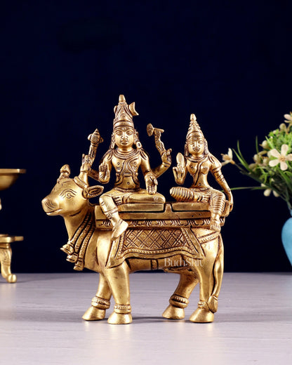 Exquisite Brass Shiva Parvati Seated on Nandi Statue - 6" Pradosh Idol - Budhshiv.com