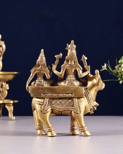 Exquisite Brass Shiva Parvati Seated on Nandi Statue - 6" Pradosh Idol - Budhshiv.com