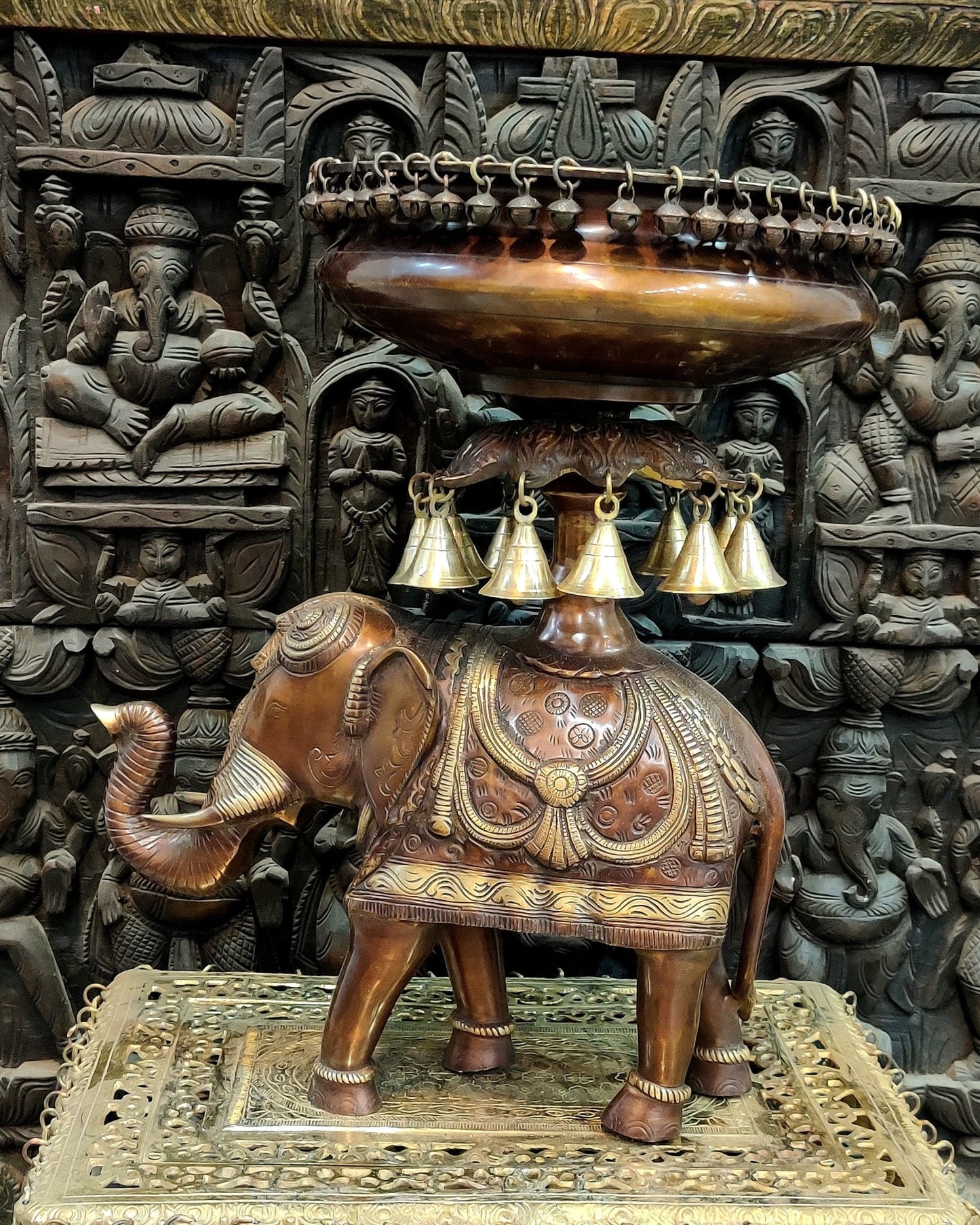 Exquisite Brass Urli with Engraved Elephant statue 21" - Budhshiv.com