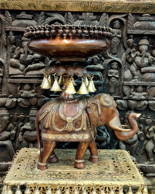 Exquisite Brass Urli with Engraved Elephant statue 21" - Budhshiv.com