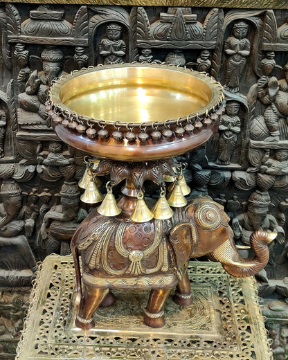 Exquisite Brass Urli with Engraved Elephant statue 21" - Budhshiv.com