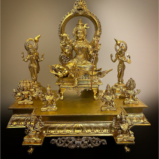 Exquisite Bronze Tripura Sundari Rajarajeshwari Darbar – Goddess Lalita Devi Seated on Lord Shiva - Budhshiv.com