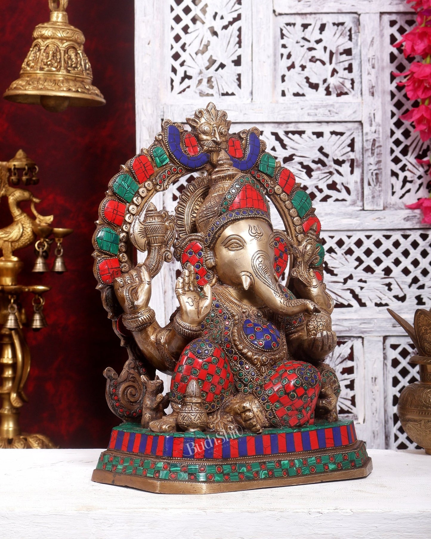 Exquisite Ganesha Brass Statue with Stonework - 14 inch - Budhshiv.com