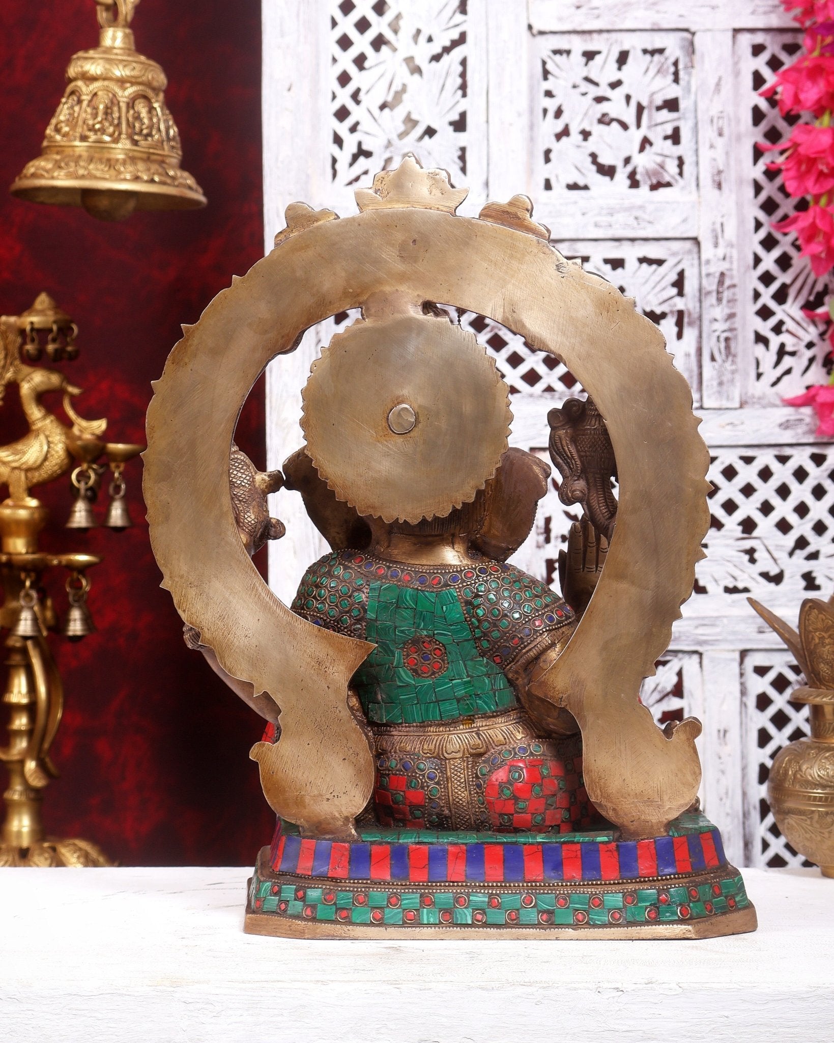Exquisite Ganesha Brass Statue with Stonework - 14 inch - Budhshiv.com