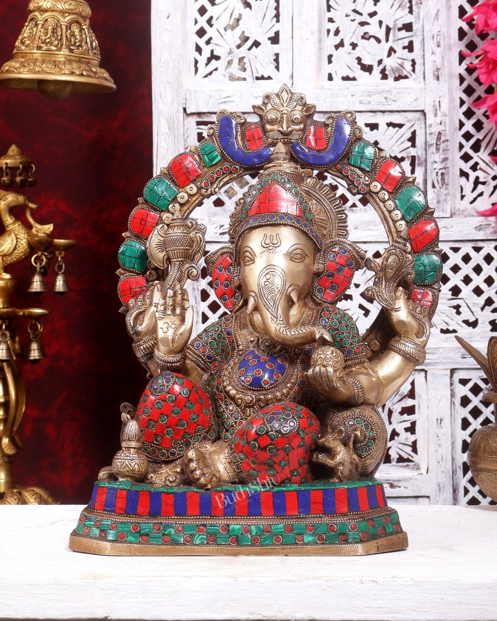 Exquisite Ganesha Brass Statue with Stonework - 14 inch - Budhshiv.com